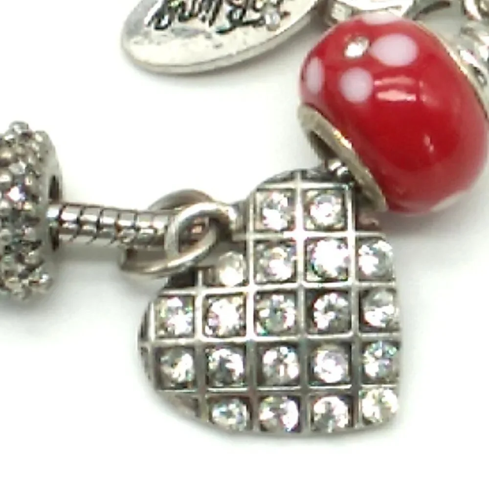 Bling Silver-tone & Red Beaded Charm Slider Bracelet on Snake Chain NWOT